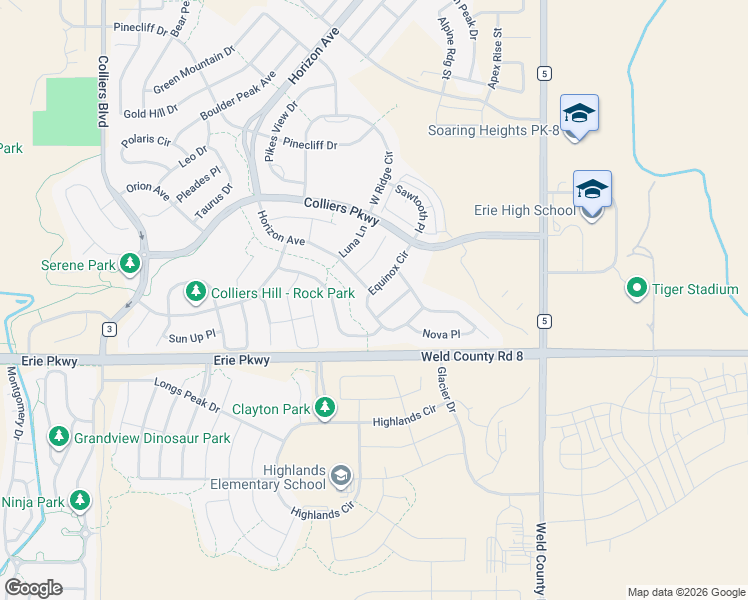 map of restaurants, bars, coffee shops, grocery stores, and more near 132 Equinox Circle in Erie