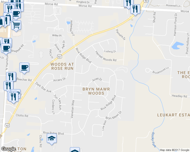 map of restaurants, bars, coffee shops, grocery stores, and more near 870 Aries Drive in Columbus