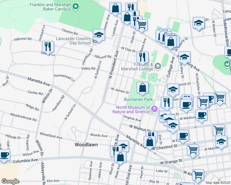 map of restaurants, bars, coffee shops, grocery stores, and more near 438 State Street in Lancaster
