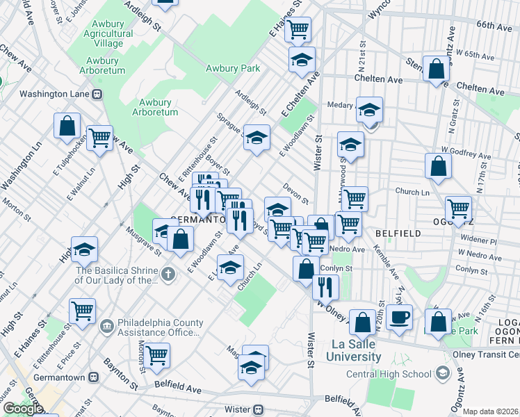 map of restaurants, bars, coffee shops, grocery stores, and more near 845 East Locust Avenue in Philadelphia