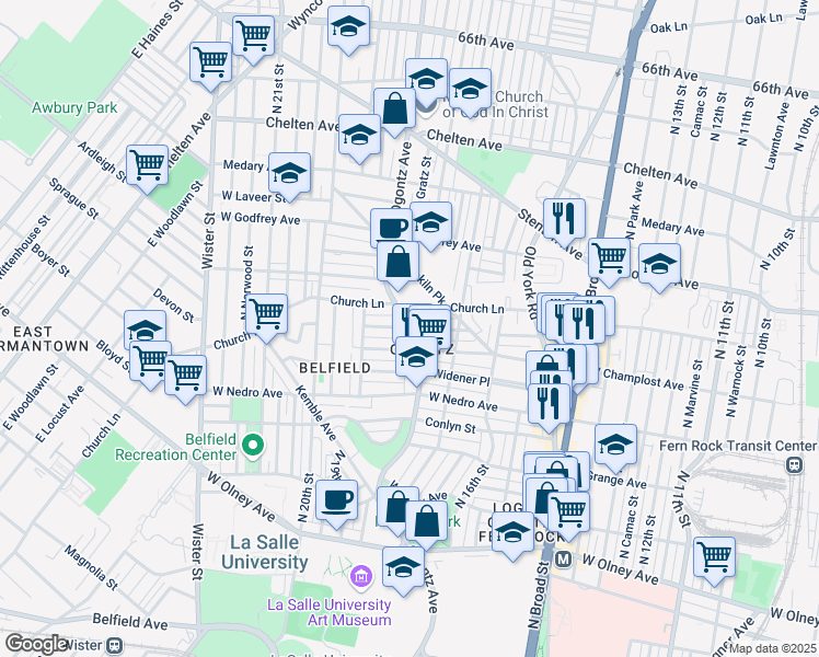map of restaurants, bars, coffee shops, grocery stores, and more near Ogontz Ave & Roselyn St in Philadelphia