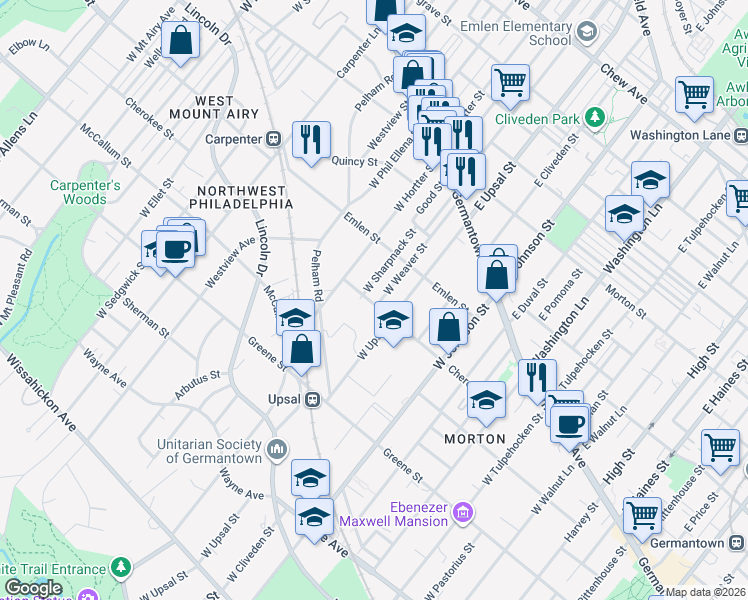 map of restaurants, bars, coffee shops, grocery stores, and more near 6525 Cherokee Street in Philadelphia