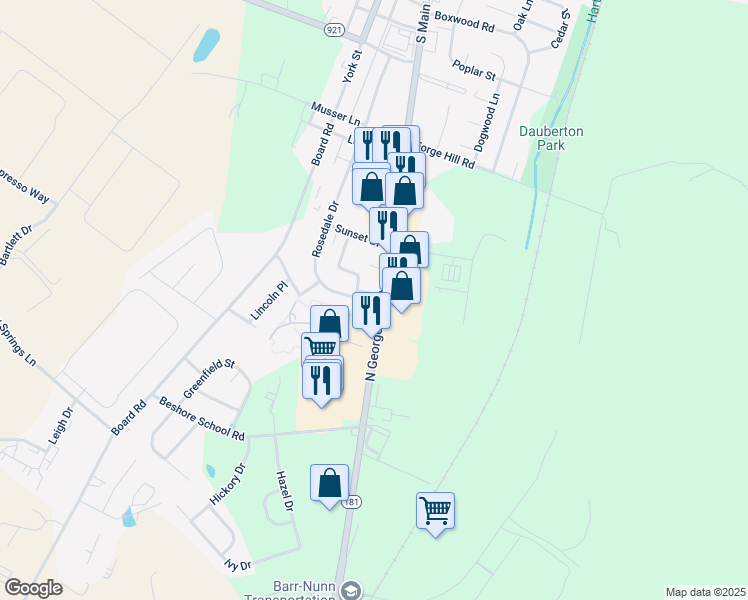 map of restaurants, bars, coffee shops, grocery stores, and more near 4200 North George Street in Manchester