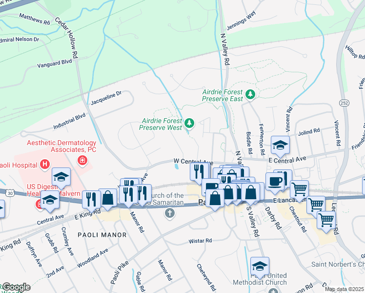 map of restaurants, bars, coffee shops, grocery stores, and more near 23 Summit Avenue in Paoli