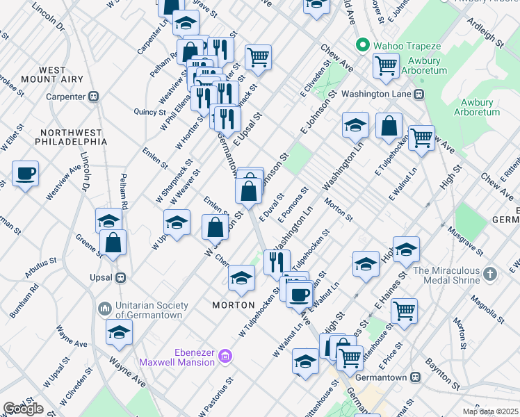 map of restaurants, bars, coffee shops, grocery stores, and more near 16 East Johnson Street in Philadelphia