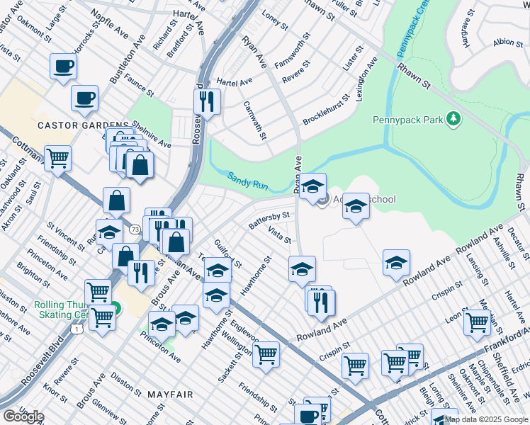 map of restaurants, bars, coffee shops, grocery stores, and more near 7530 Battersby Street in Philadelphia