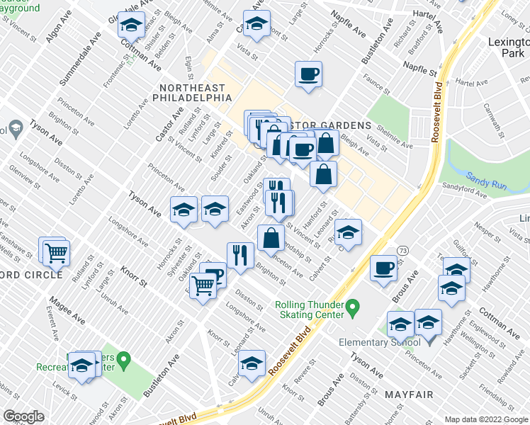 map of restaurants, bars, coffee shops, grocery stores, and more near 7152 Saul Street in Philadelphia