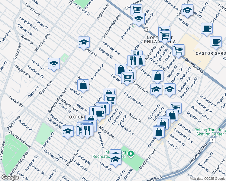 map of restaurants, bars, coffee shops, grocery stores, and more near 1415 Glenview Street in Philadelphia