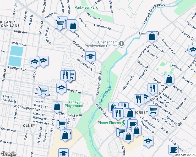 map of restaurants, bars, coffee shops, grocery stores, and more near 6326 Crescentville Road in Philadelphia