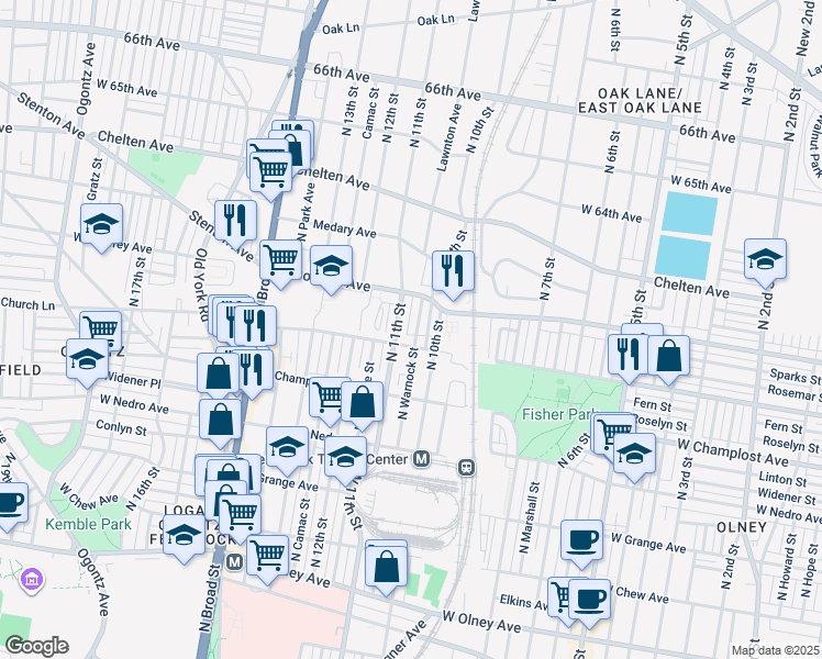map of restaurants, bars, coffee shops, grocery stores, and more near 6118 North Warnock Street in Philadelphia