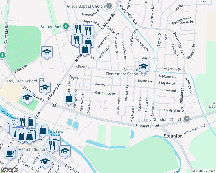 map of restaurants, bars, coffee shops, grocery stores, and more near 582 Linwood Drive in Troy