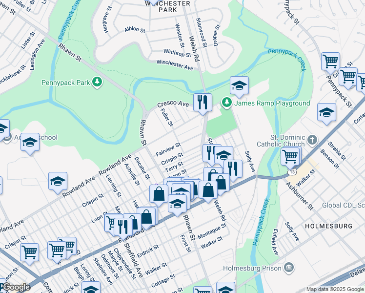 map of restaurants, bars, coffee shops, grocery stores, and more near 3321 Fuller Street in Philadelphia
