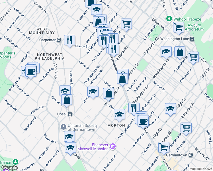 map of restaurants, bars, coffee shops, grocery stores, and more near 6442 Emlen Street in Philadelphia