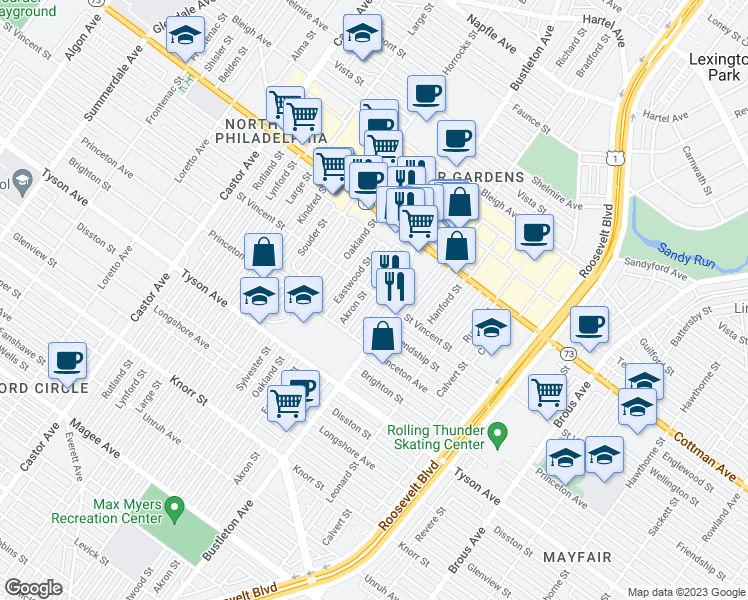 map of restaurants, bars, coffee shops, grocery stores, and more near 7152 Saul Street in Philadelphia