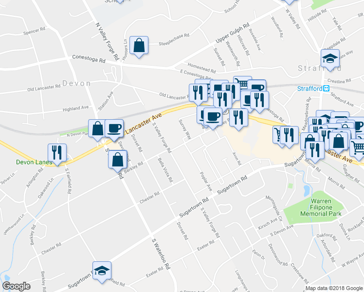 map of restaurants, bars, coffee shops, grocery stores, and more near 204 Poplar Ave in Chester