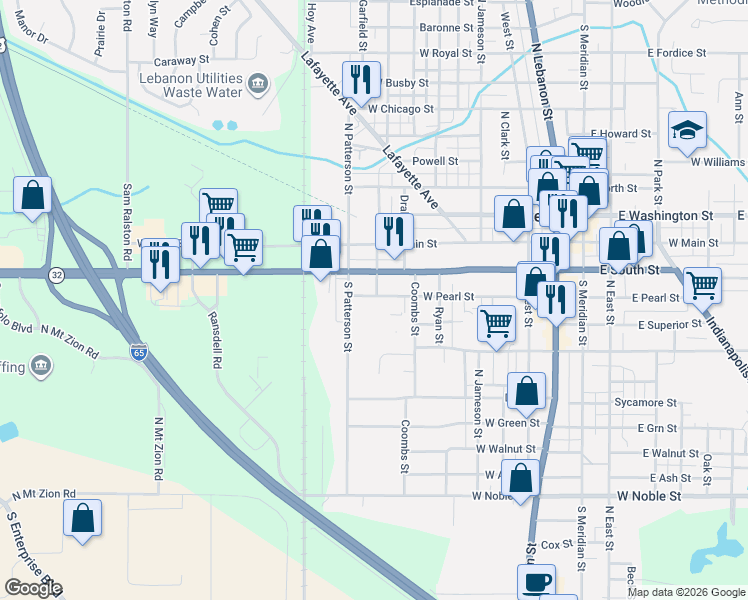 map of restaurants, bars, coffee shops, grocery stores, and more near 827 West Pearl Street in Lebanon