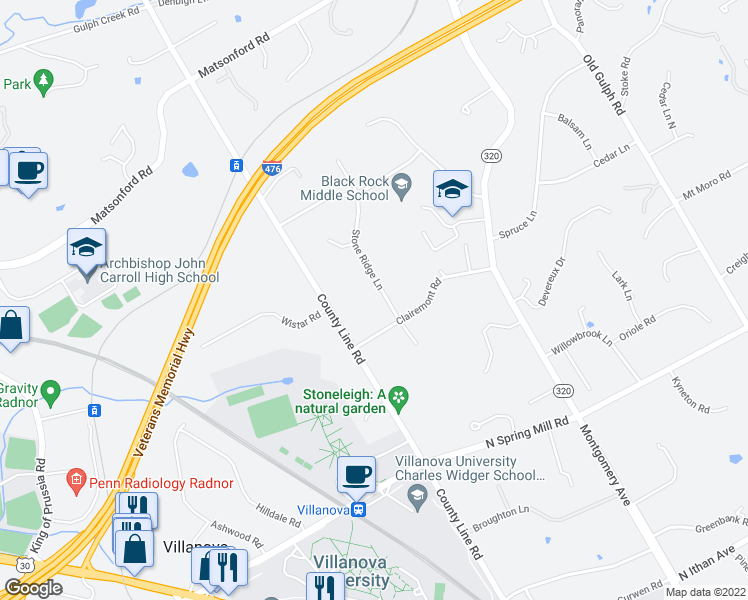 map of restaurants, bars, coffee shops, grocery stores, and more near 1914 Stone Ridge Lane in Villanova