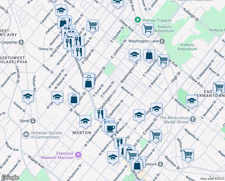 map of restaurants, bars, coffee shops, grocery stores, and more near 141 East Washington Lane in Philadelphia