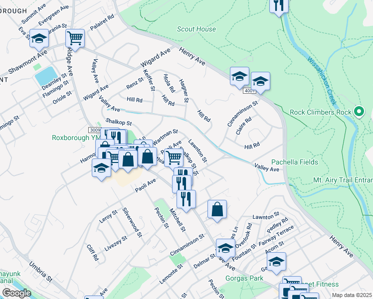 map of restaurants, bars, coffee shops, grocery stores, and more near 6915 Shalkop Street in Philadelphia