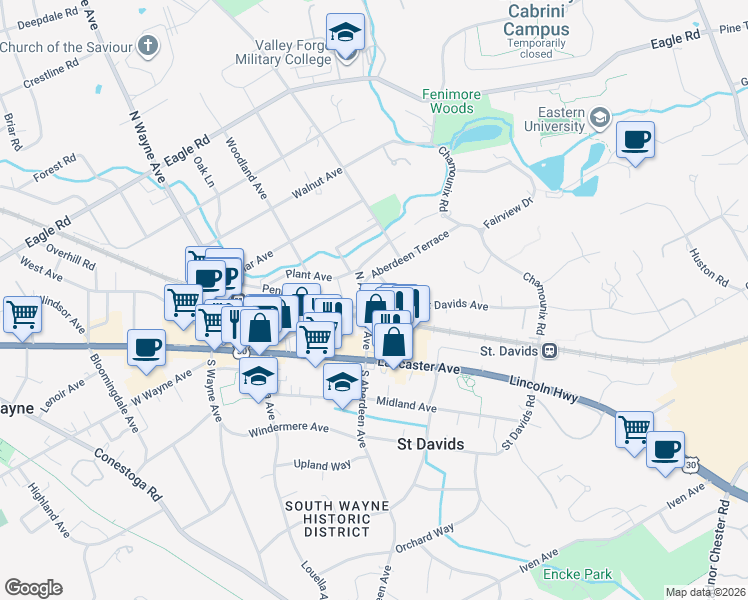 map of restaurants, bars, coffee shops, grocery stores, and more near 201-203 North Aberdeen Avenue in Wayne