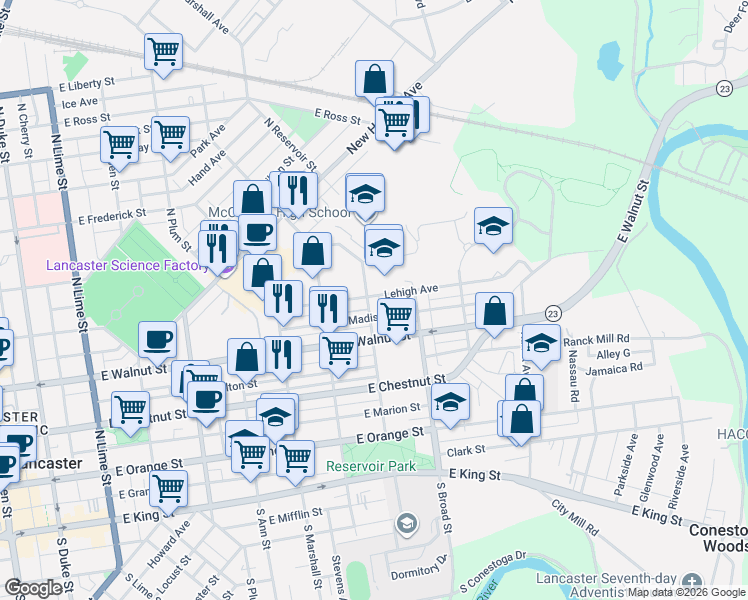 map of restaurants, bars, coffee shops, grocery stores, and more near 339 North Reservoir Street in Lancaster
