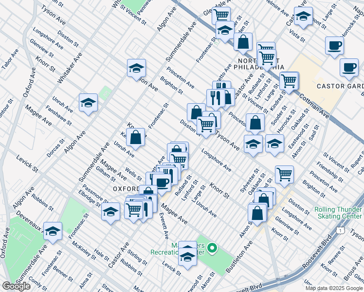 map of restaurants, bars, coffee shops, grocery stores, and more near 1413 Glenview Street in Philadelphia