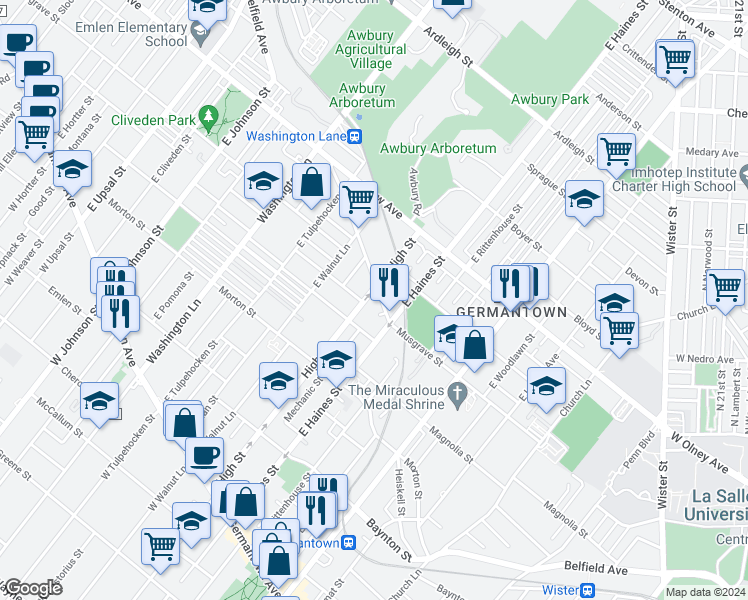 map of restaurants, bars, coffee shops, grocery stores, and more near 536 East High Street in Philadelphia