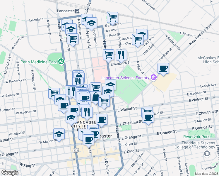 map of restaurants, bars, coffee shops, grocery stores, and more near 436 North Lime Street in Lancaster