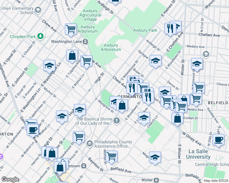 map of restaurants, bars, coffee shops, grocery stores, and more near 5819 McMahon Street in Philadelphia
