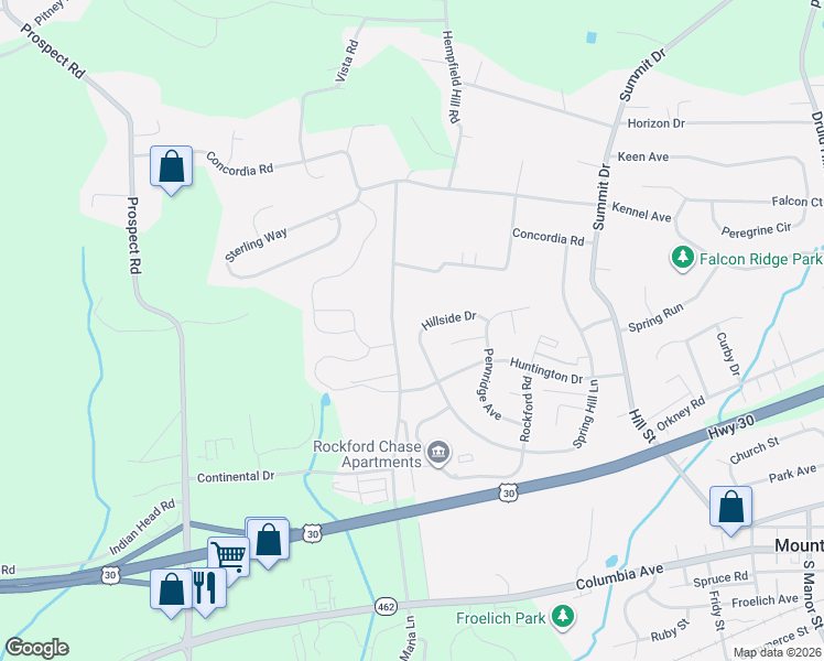 map of restaurants, bars, coffee shops, grocery stores, and more near 479 Hillside Drive in Mountville