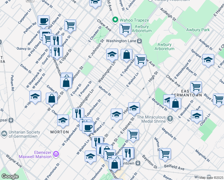map of restaurants, bars, coffee shops, grocery stores, and more near 320 East Tulpehocken Street in Philadelphia