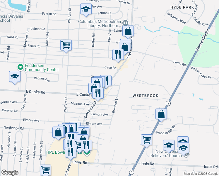 map of restaurants, bars, coffee shops, grocery stores, and more near 3788 Cleveland Avenue in Columbus