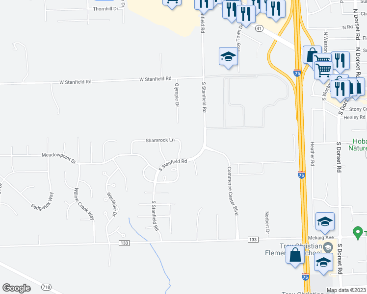 map of restaurants, bars, coffee shops, grocery stores, and more near 2213 Shamrock Lane in Troy