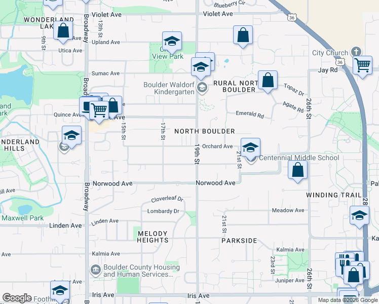 map of restaurants, bars, coffee shops, grocery stores, and more near 1891 Oak Avenue in Boulder