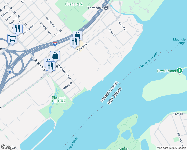 map of restaurants, bars, coffee shops, grocery stores, and more near 53203 Delaire Landing Road in Philadelphia