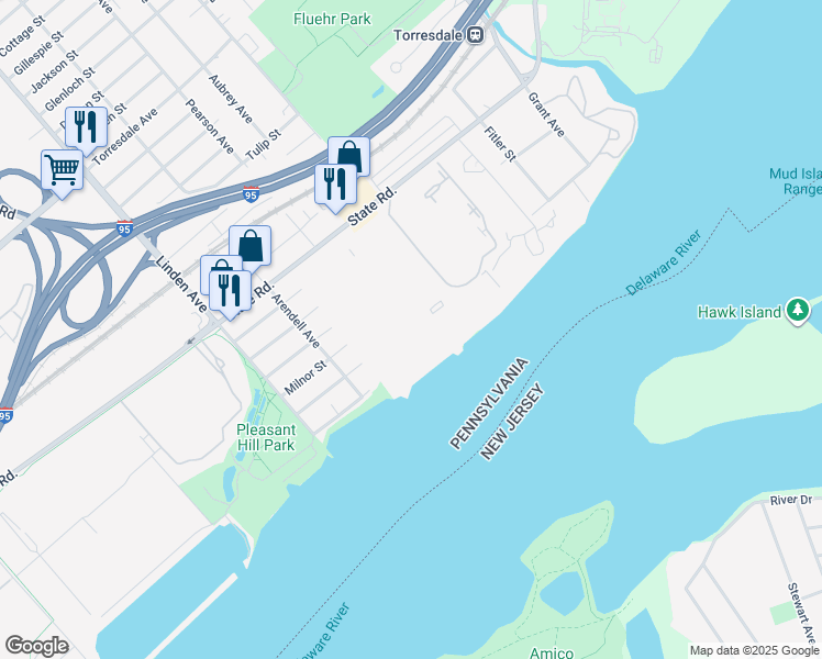 map of restaurants, bars, coffee shops, grocery stores, and more near 53203 Delaire Landing Road in Philadelphia