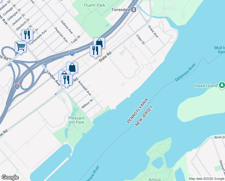 map of restaurants, bars, coffee shops, grocery stores, and more near 40103 Delaire Landing Road in Philadelphia