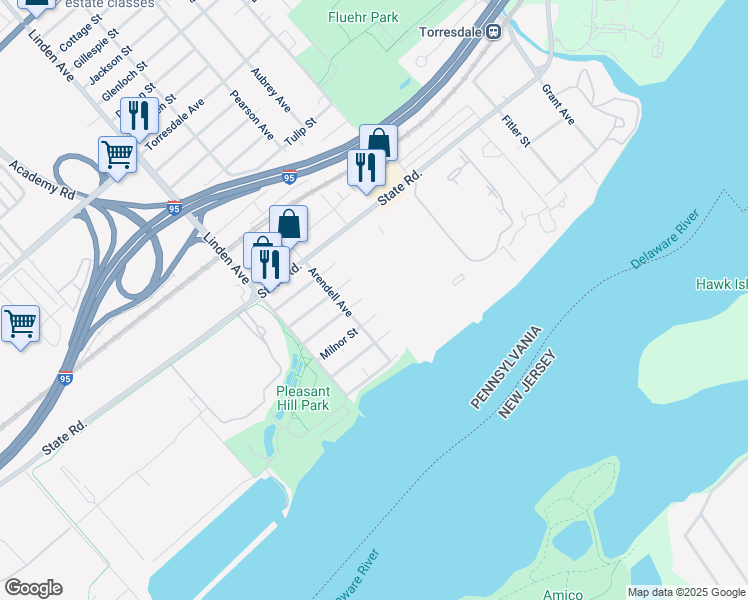 map of restaurants, bars, coffee shops, grocery stores, and more near 61002 Delaire Landing Road in Philadelphia