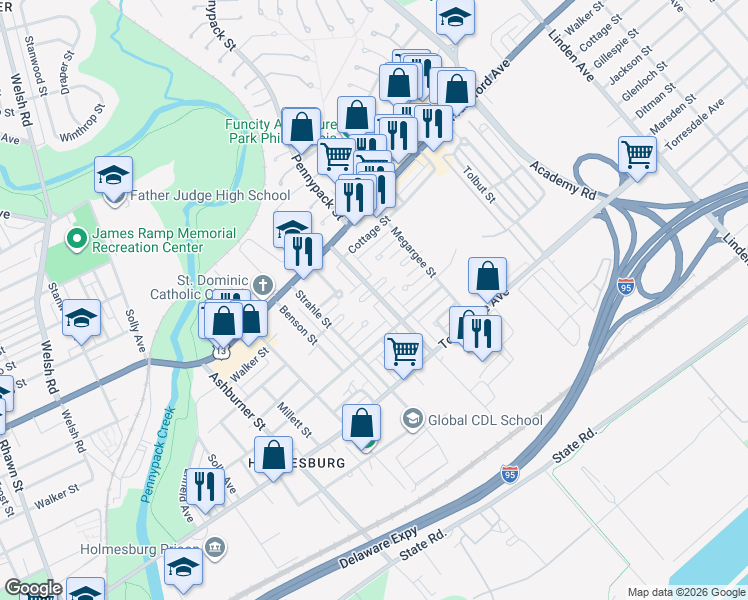 map of restaurants, bars, coffee shops, grocery stores, and more near 4514 Pennypack Street in Philadelphia