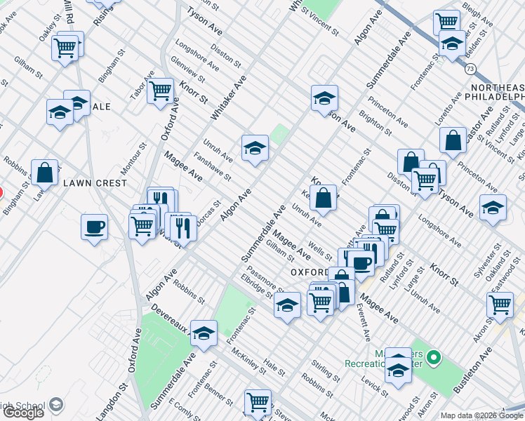 map of restaurants, bars, coffee shops, grocery stores, and more near 1129 Magee Avenue in Philadelphia