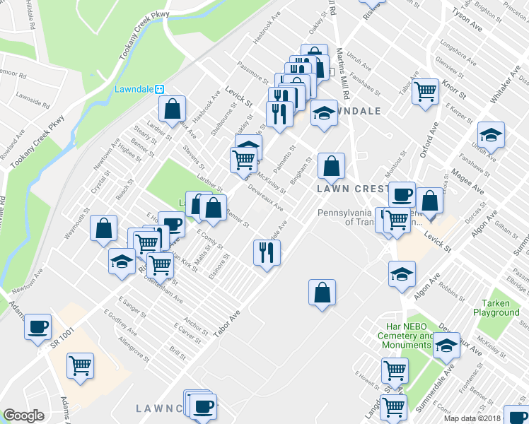 map of restaurants, bars, coffee shops, grocery stores, and more near 6137 Bingham Street in Philadelphia