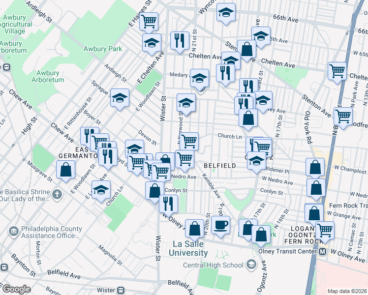 map of restaurants, bars, coffee shops, grocery stores, and more near 2106 Church Lane in Philadelphia