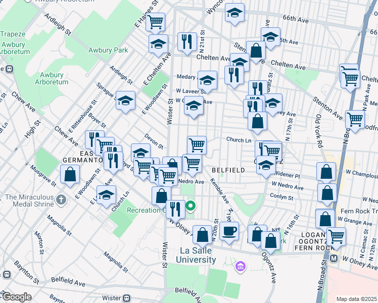 map of restaurants, bars, coffee shops, grocery stores, and more near 2106 Church Lane in Philadelphia