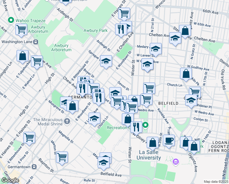 map of restaurants, bars, coffee shops, grocery stores, and more near 5535 Boyer Street in Philadelphia