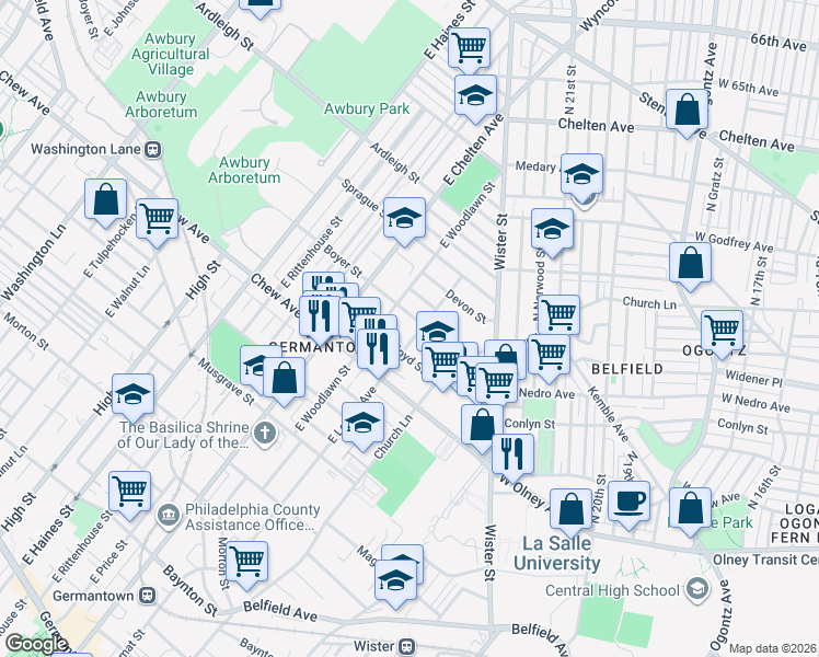 map of restaurants, bars, coffee shops, grocery stores, and more near 845 East Locust Avenue in Philadelphia