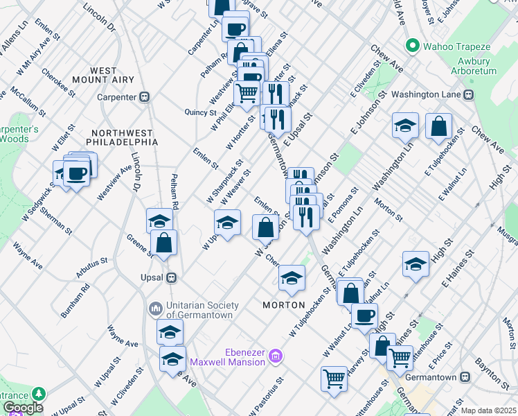 map of restaurants, bars, coffee shops, grocery stores, and more near 6442 Emlen Street in Philadelphia