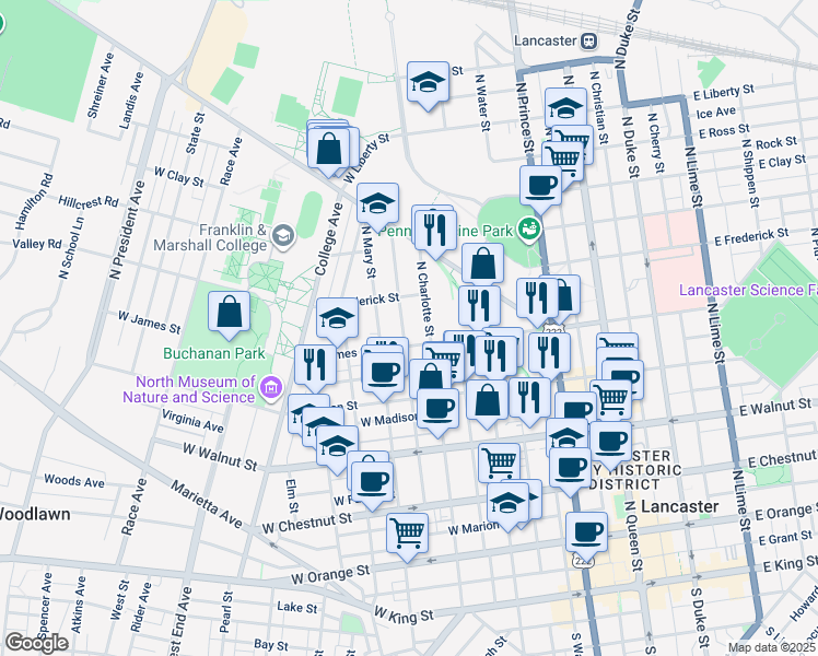 map of restaurants, bars, coffee shops, grocery stores, and more near 515 Lancaster Avenue in Lancaster
