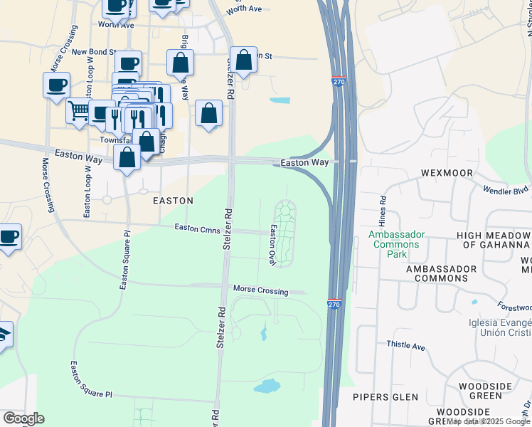 map of restaurants, bars, coffee shops, grocery stores, and more near 1 Easton Oval in Columbus