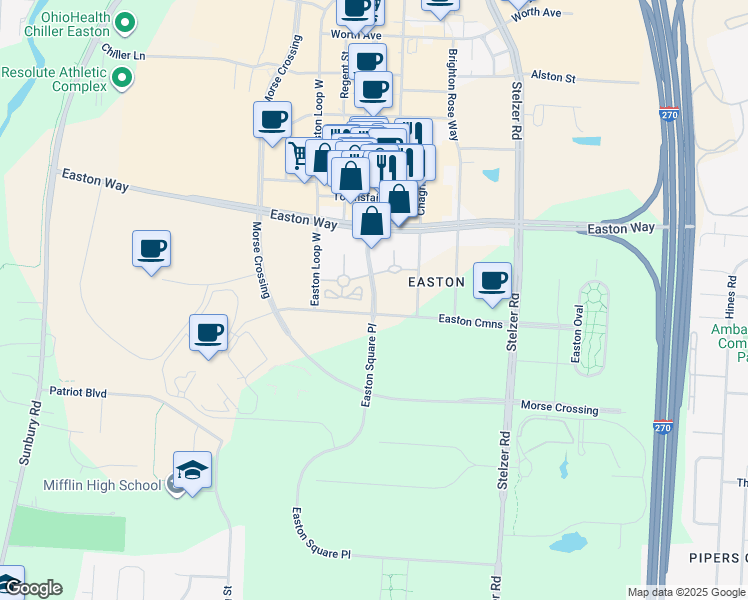 map of restaurants, bars, coffee shops, grocery stores, and more near 4011 Easton Way in Columbus