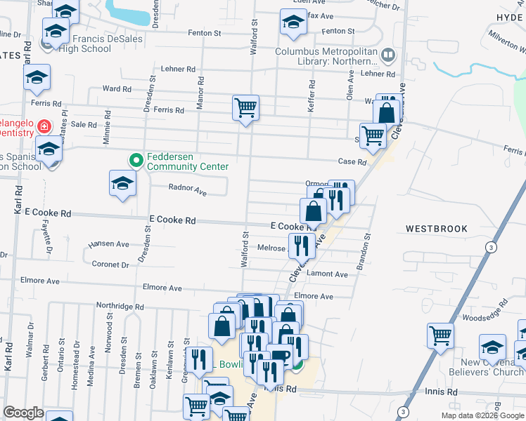 map of restaurants, bars, coffee shops, grocery stores, and more near 2002 East Cooke Road in Columbus